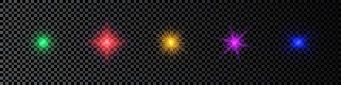 Lens fişeklerinin ışık etkisi. Koyu şeffaf arkaplanda parıldayan beş adet çok renkli ışık patlaması efekti. Vektör illüstrasyonu