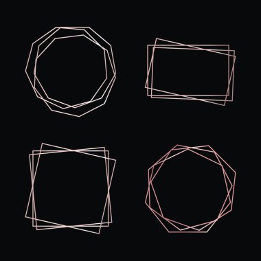 Dört adet gül sarısı geometrik poligonal çerçeve seti. Parlak efektler koyu arkaplanda izole edilmiş. Parlak sanat deco arkaplanı boş. Vektör illüstrasyonu