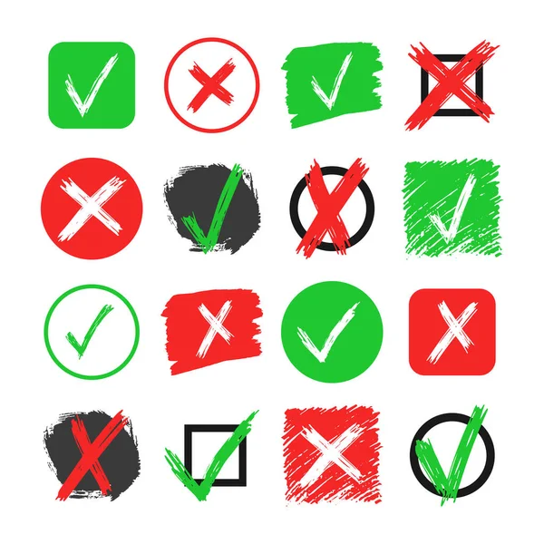 一组16个手绘核对和交叉符号元素隔离在白色背景上 在不同的图标中 Grunge Doodle Green Check Mark Ok和Red X在不同的图标中 矢量说明 — 图库矢量图片