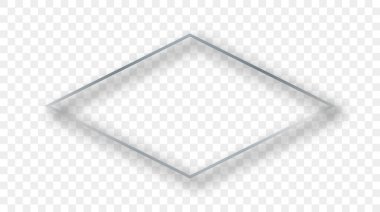 Şeffaf arkaplanda gölgesi olan gümüş parıldayan eşkenar dörtgen şekilli bir çerçeve. Parlak efektli parlak bir çerçeve. Vektör illüstrasyonu