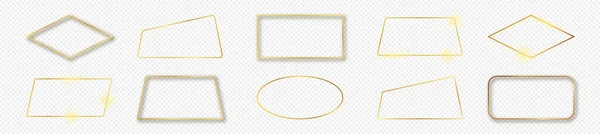 Набор Десяти Золотых Светящихся Различных Геометрических Рамок Изолированных Прозрачном Фоне — стоковый вектор