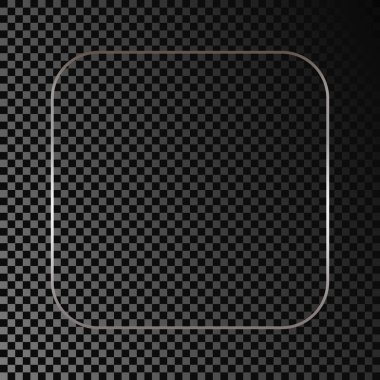 Gümüş renkli yuvarlak kare çerçeve koyu şeffaf arka planda izole edilmiş. Parlak efektli parlak bir çerçeve. Vektör illüstrasyonu.