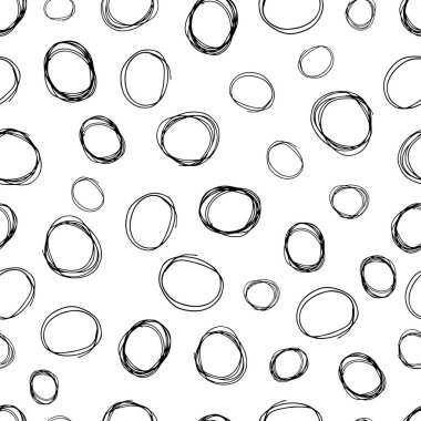 Kusursuz desenli, el çizimi, beyaz zemin üzerine çizilmiş karalama çemberleri. Soyut grunge dokusu. Vektör illüstrasyonu