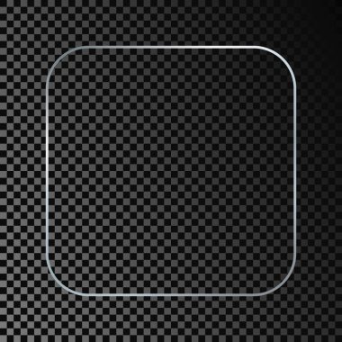 Gümüş renkli yuvarlak kare çerçeve koyu şeffaf arka planda izole edilmiş. Parlak efektli parlak bir çerçeve. Vektör illüstrasyonu.