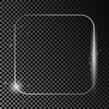 Koyu şeffaf arka planda izole edilmiş gümüş renkli yuvarlak kare çerçeve. Parlak efektli parlak bir çerçeve. Vektör illüstrasyonu