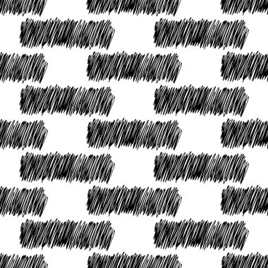 Beyaz arka planda soyut şekillerde siyah kalem fırça darbeleriyle kusursuz desen. Vektör illüstrasyonu