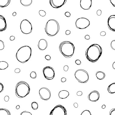 Kusursuz desenli, el çizimi, beyaz zemin üzerine çizilmiş karalama çemberleri. Soyut grunge dokusu. Vektör illüstrasyonu