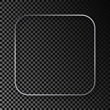 Koyu şeffaf arka planda gölgesi olan gümüş renkli yuvarlak kare çerçeve. Parlak efektli parlak bir çerçeve. Vektör illüstrasyonu