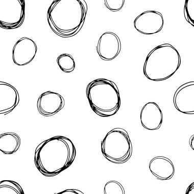 Kusursuz desenli, el çizimi, beyaz zemin üzerine çizilmiş karalama çemberleri. Soyut grunge dokusu. Vektör illüstrasyonu