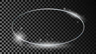 Koyu şeffaf arka planda parıldayan gümüş renkli oval çerçeve. Parlak efektli parlak bir çerçeve. Vektör illüstrasyonu