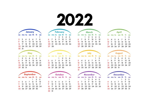 Calendario Para 2022 Aislado Sobre Fondo Blanco Domingo Lunes Plantilla — Vector de stock