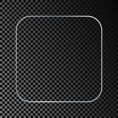 Gümüş renkli yuvarlak kare çerçeve koyu şeffaf arka planda izole edilmiş. Parlak efektli parlak bir çerçeve. Vektör illüstrasyonu.