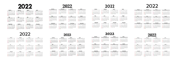 一组八套2022年垂直日历 在白色背景上隔离 周日到周一 业务模板 矢量说明 — 图库矢量图片