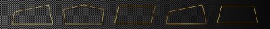 Beş altın parlayan farklı geometrik çerçeve seti koyu şeffaf arkaplanda izole edildi. Parlak efektli parlak bir çerçeve. Vektör illüstrasyonu