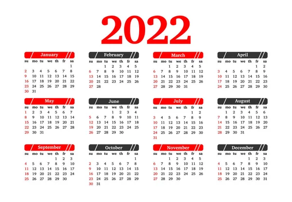 Calendario Para 2022 Aislado Sobre Fondo Blanco Domingo Lunes Plantilla — Archivo Imágenes Vectoriales