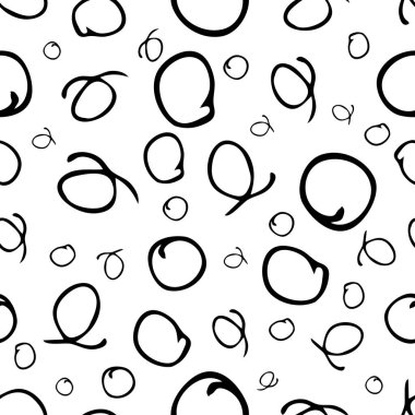 Kusursuz desenli, el çizimi, beyaz zemin üzerine çizilmiş karalama çemberleri. Soyut grunge dokusu. Vektör illüstrasyonu