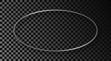 Koyu şeffaf arka planda gölgesi olan gümüş parıldayan oval şekil çerçeve. Parlak efektli parlak bir çerçeve. Vektör illüstrasyonu