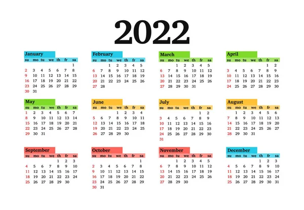 2022 Takvimi Beyaz Arka Planda Izole Edildi Pazardan Pazartesiye Planı — Stok Vektör