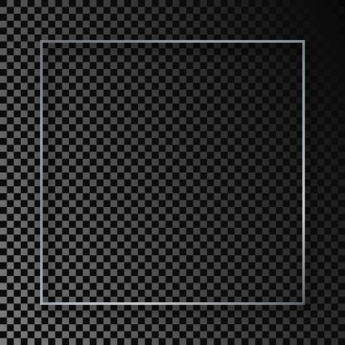 Koyu şeffaf arka planda gölgesi olan gümüş parlayan kare çerçeve. Parlak efektli parlak bir çerçeve. Vektör illüstrasyonu