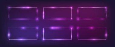 Koyu arkaplanda parlak efektleri olan altı neon dikdörtgen çerçeve seti. Boş parlayan tekno fon. Vektör illüstrasyonu.