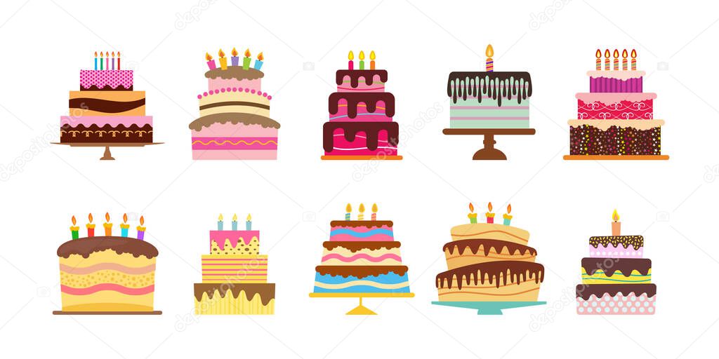 Set of ten sweet birthday cakes with burning candles. Colorful holiday dessert. Vector illustration