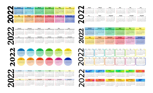 Set Eight Vertical Calendars 2022 Isolated White Background Sunday Monday — Stock Vector