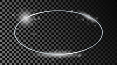 Koyu şeffaf arka planda parıldayan gümüş renkli oval çerçeve. Parlak efektli parlak bir çerçeve. Vektör illüstrasyonu