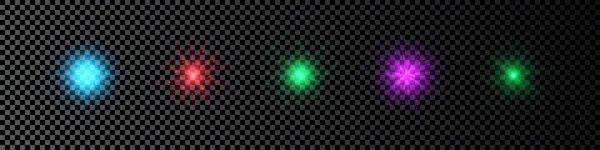 Lichteffekt Von Linsenraketen Set Von Fünf Mehrfarbig Leuchtenden Lichtern Starburst — Stockvektor