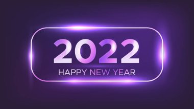 2022 Mutlu Yıllar Neon geçmişi. Neon, Noel bayramı tebrik kartı, el ilanı ve posterleri için parlak efektleri olan dikdörtgen bir çerçeve çizdi. Vektör illüstrasyonu