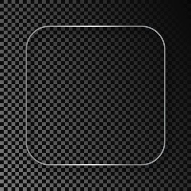 Koyu şeffaf arka planda gölgesi olan gümüş renkli yuvarlak kare çerçeve. Parlak efektli parlak bir çerçeve. Vektör illüstrasyonu