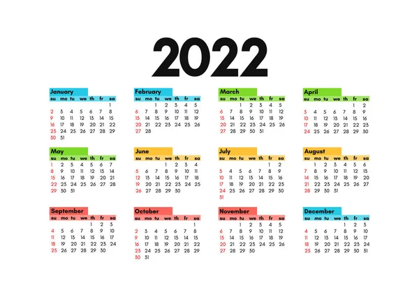 カレンダー2022年白の背景に隔離されました 日曜日から月曜日 ビジネステンプレート ベクターイラスト — ストックベクタ