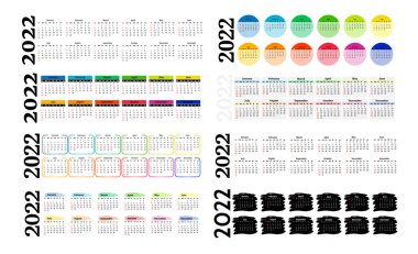 2022 için sekiz dikey takvim seti beyaz arka planda izole edildi. Pazardan pazartesiye, iş planı. Vektör illüstrasyonu