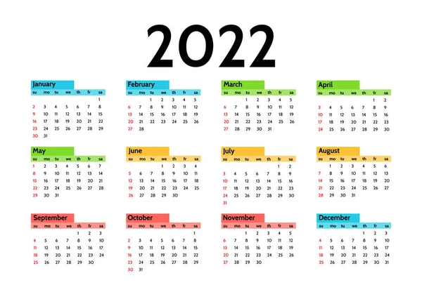 Calendario Para 2022 Aislado Sobre Fondo Blanco Domingo Lunes Plantilla — Vector de stock