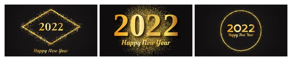 2022 Happy New Year Gold Background Set Three Abstract Gold — Stock Vector