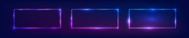 Üç neon çift dikdörtgen çerçeve seti ve koyu arkaplanda parlak efektler. Boş parlayan tekno fon. Vektör illüstrasyonu.
