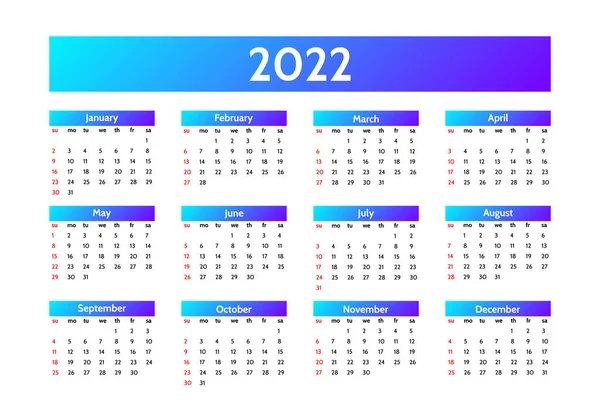 Calendario Para 2022 Aislado Sobre Fondo Blanco Domingo Lunes Plantilla — Vector de stock