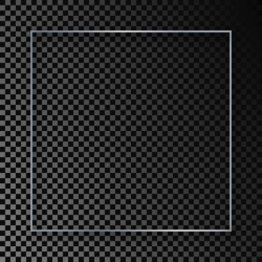 Koyu şeffaf arka planda gölgesi olan gümüş parlayan kare çerçeve. Parlak efektli parlak bir çerçeve. Vektör illüstrasyonu
