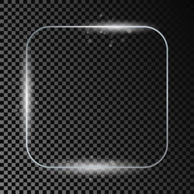Koyu şeffaf arka planda izole edilmiş gümüş renkli yuvarlak kare çerçeve. Parlak efektli parlak bir çerçeve. Vektör illüstrasyonu