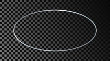 Gümüş parıldayan oval çerçeve koyu şeffaf arka planda izole edilmiş. Parlak efektli parlak bir çerçeve. Vektör illüstrasyonu