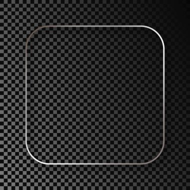 Koyu şeffaf arka planda gölgesi olan gümüş renkli yuvarlak kare çerçeve. Parlak efektli parlak bir çerçeve. Vektör illüstrasyonu