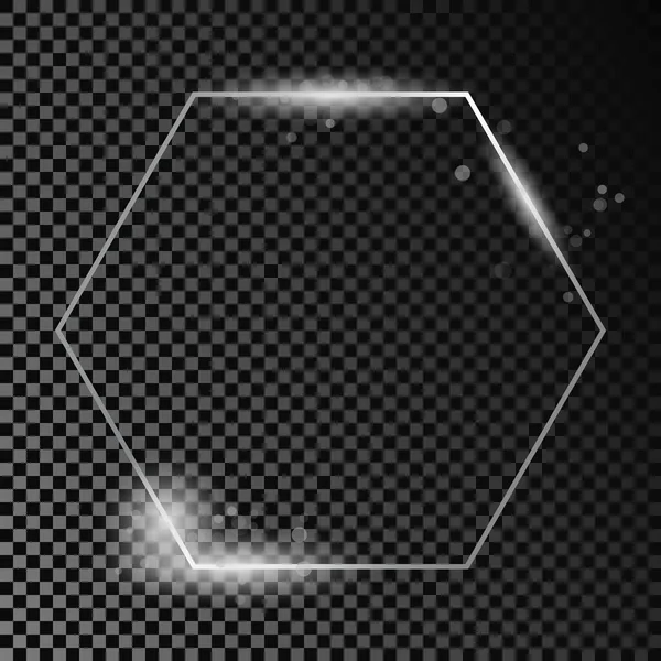 暗い透明な背景に隔離された輝きを持つ銀輝く六角形のフレーム 輝く効果を持つ光沢のあるフレーム ベクターイラスト — ストックベクタ
