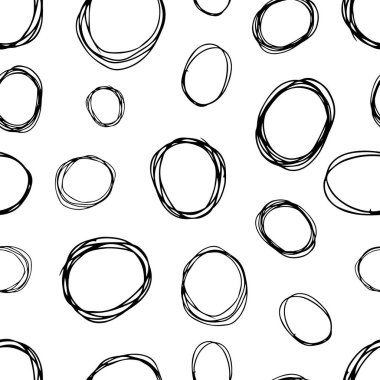 Kusursuz desenli, el çizimi, beyaz zemin üzerine çizilmiş karalama çemberleri. Soyut grunge dokusu. Vektör illüstrasyonu