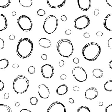 Kusursuz desenli, el çizimi, beyaz zemin üzerine çizilmiş karalama çemberleri. Soyut grunge dokusu. Vektör illüstrasyonu