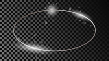 Koyu şeffaf arka planda parıldayan gümüş renkli oval çerçeve. Parlak efektli parlak bir çerçeve. Vektör illüstrasyonu