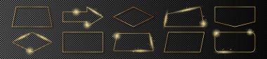 On altın parıldayan farklı geometrik çerçeve seti koyu şeffaf arkaplanda izole edildi. Parlak efektli parlak bir çerçeve. Vektör illüstrasyonu