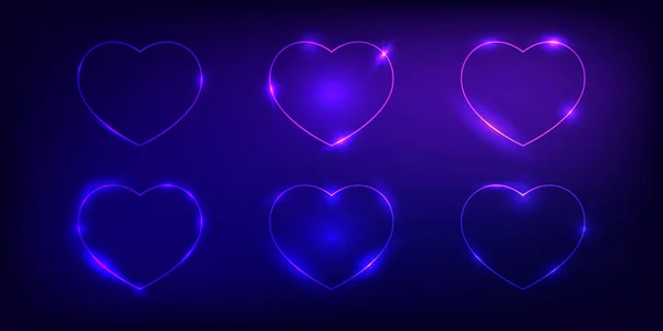 Ensemble Six Cadres Néon Forme Coeur Avec Des Effets Brillants — Image vectorielle