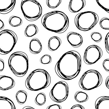 Kusursuz desenli, el çizimi, beyaz zemin üzerine çizilmiş karalama çemberleri. Soyut grunge dokusu. Vektör illüstrasyonu