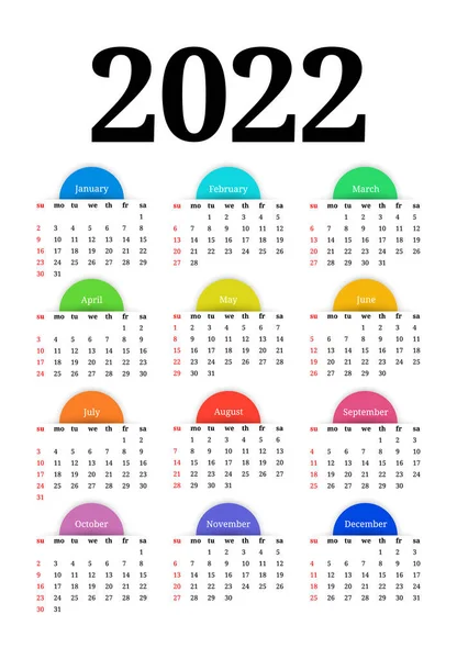 Calendario Para 2022 Aislado Sobre Fondo Blanco Domingo Lunes Plantilla — Archivo Imágenes Vectoriales