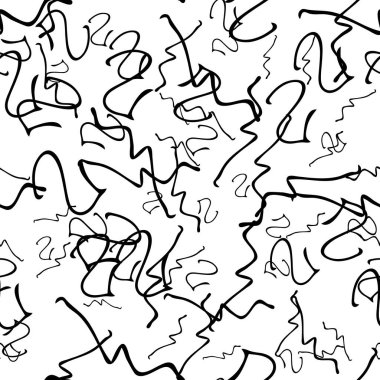 Siyah çizim eli beyaz arka planda yuvarlak kıvrımlı şekilli kusursuz desen. Soyut grunge dokusu. Vektör illüstrasyonu