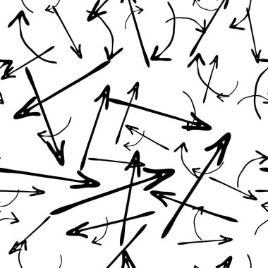 Kusursuz desenli, siyah elli, beyaz arka planda çizilmiş oklar. Soyut grunge dokusu. Vektör illüstrasyonu